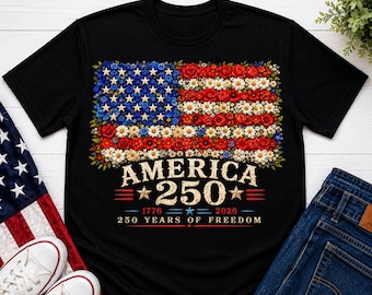 Shirt met bloemen Amerikaanse vlag, T-shirt America 250 Wildflower Patriotic, Boutique Summer Freedom Apparel, Fourth Of July-cadeau