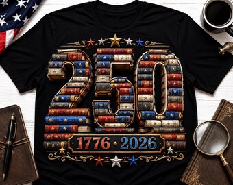 Shirt America 250 Book Lover, T-shirt Patriotic Library, 1776 2026 Anniversary Shirt, USA 250 Years Freedom Celebration