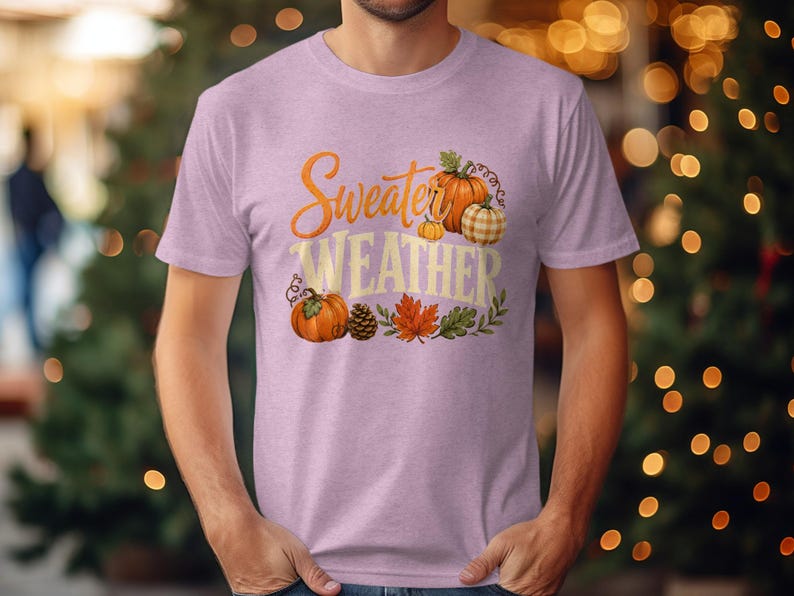 Light pink t-shirt with "Sweater Weather" graphic featuring pumpkins and autumn leaves.