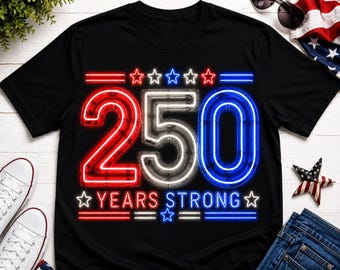 Neonshirt America 250, op Nashville geïnspireerd patriottisch gloedshirt, 250 Years Strong USA Celebration America Anniversary 4 juli shirt
