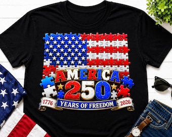 T-shirt Amerika 250 jaar vrijheid, patriottische vlag puzzelontwerp VS, 1776 2026 jubileum-T-shirt, cadeau Amerikaanse geschiedenis