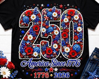 Shirt met bloemen Amerika 250, T-shirt patriottische wilde bloemen, shirt 1776 2026 jubileum, kleding VS 250 Years Freedom Celebration