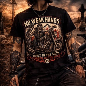 May include: Black t-shirt with a motorcycle graphic and the text "NO WEAK HANDS". The design features a skeleton riding a motorcycle with flames. The shirt also has the text "BUILT IN THE SHOP FORGED ON THE ROAD."