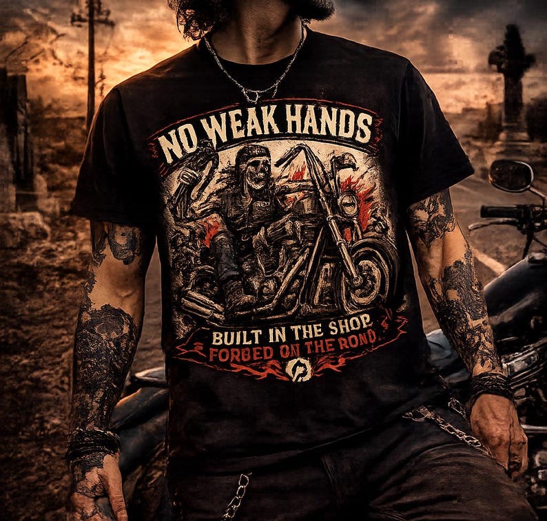 May include: Black t-shirt with a motorcycle graphic and the text "NO WEAK HANDS". The design features a skeleton riding a motorcycle with flames. The shirt also has the text "BUILT IN THE SHOP FORGED ON THE ROAD."