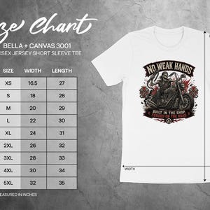 Bella + Canvas 3001 unisex t-shirt size chart with measurements.