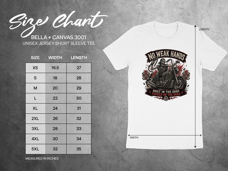 Bella + Canvas 3001 unisex t-shirt size chart with measurements.