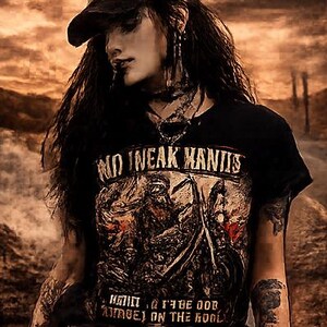 May include: A person wearing a black baseball cap and a black t-shirt with the text "NO WEAK MANTS" and a graphic design. The person has long dark hair and tattoos on their arm.