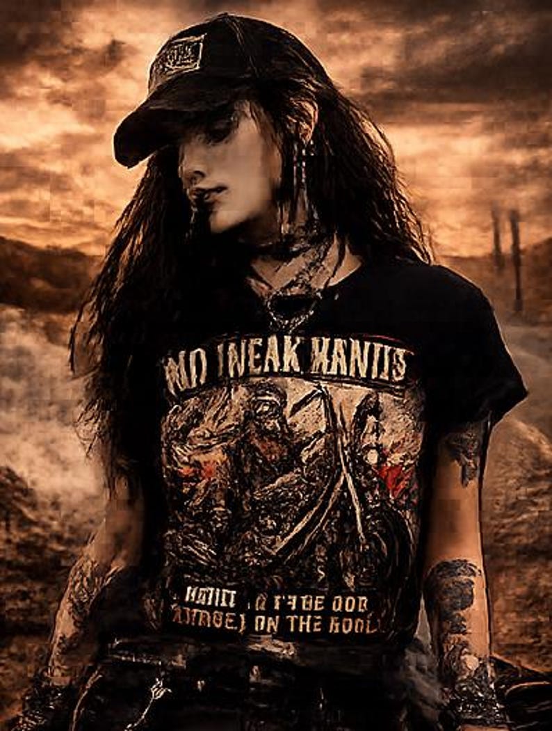 May include: A person wearing a black baseball cap and a black t-shirt with the text "NO WEAK MANTS" and a graphic design. The person has long dark hair and tattoos on their arm.
