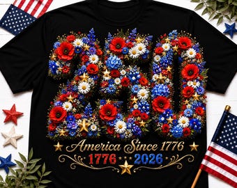 Shirt met bloemen Amerika 250, shirt patriottische wilde bloemen jubileum, shirt VS 250 jaar viering, 1776 2026 Freedom Apparel