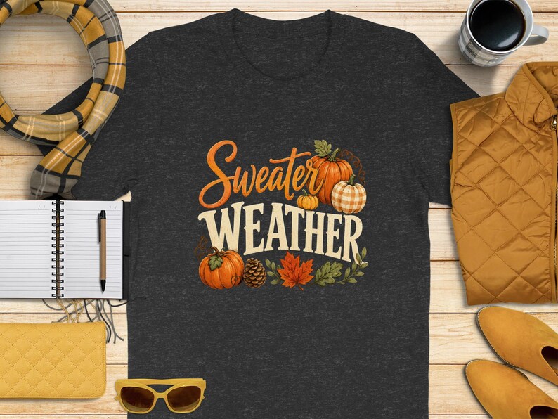 Charcoal t-shirt with "Sweater Weather" text and pumpkins.