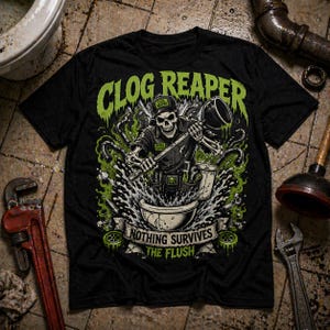 May include: Black t-shirt featuring a skeleton plumber with a plunger, the words "CLOG REAPER" in green, and the phrase "NOTHING SURVIVES THE FLUSH." The design includes a toilet and tools.