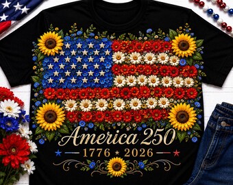 Shirt Amerika 250 zonnebloem vlag, patriottische bloemen VS T-shirt, kleding jubileum 1776 2026, vrijheidsviering cadeau