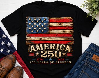 Rustiek houten shirt met Amerikaanse vlag, T-shirt Amerika 250 jaar vrijheid, patriottische landkleding patriottische kleding Amerika jubileum