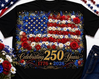 Shirt met bloemenvlag Amerika 250, viering 250 jaar T-shirt, shirt Patriotic Wildflower VS, kleding jubileum 1776 2026