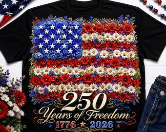 Shirt met bloemenvlag Amerika 250, shirt patriottische wilde bloemen vlag, shirt 1776 2026 jubileum, VS vrijheidsviering