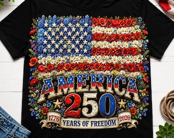 Shirt met Amerikaanse vlag wilde bloemen, T-shirt Amerika 250 Years Of Freedom, patriottische bloemenkleding, VS jubileumcadeau
