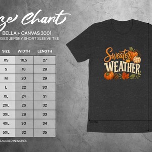 Size chart for Bella + Canvas 3001 unisex short sleeve tee, measured in inches.