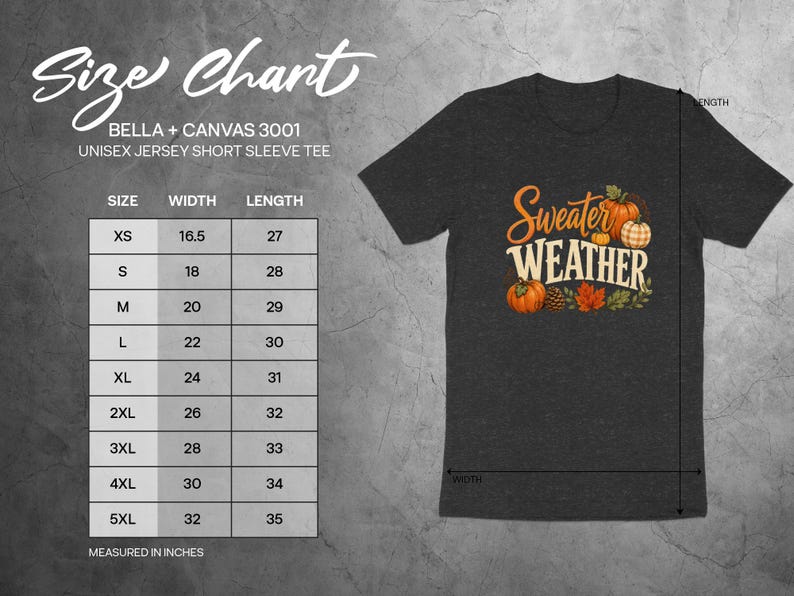 Size chart for Bella + Canvas 3001 unisex short sleeve tee, measured in inches.