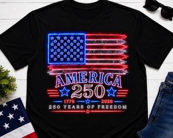 Shirt neon Amerikaanse vlag, T-shirt Amerika 250 jaar vrijheid, patriottische Fourth Of July-kleding, VS jubileumcadeau Independence Day