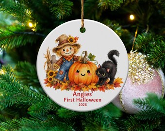 Adorno personalizado para el primer Día de Acción de Gracias, regalo para el primer Día de Acción de Gracias del bebé, lindo recuerdo de calabaza, espantapájaros y gato negro, nombre y año personalizados.