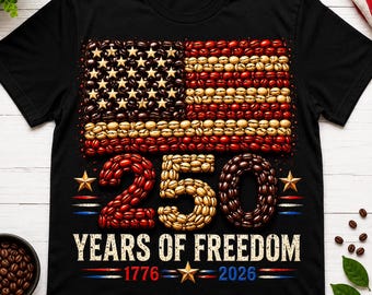 Coffee Bean American Flag Shirt, America 250 Years Of Freedom Tee, Patriotic Coffee Lover Gift, USA Anniversary Apparel