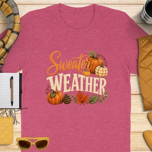 Pink t-shirt with "Sweater Weather" text and fall pumpkins, scarf, vest, and shoes.