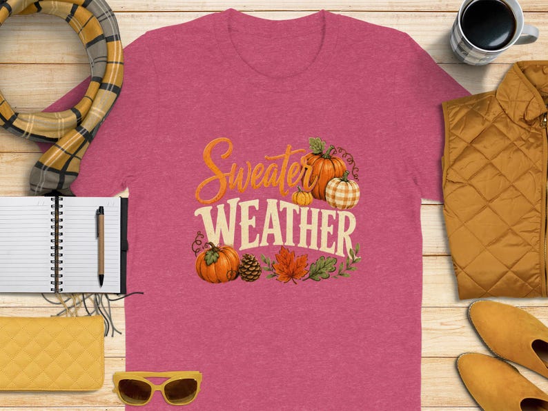 Pink t-shirt with "Sweater Weather" text and fall pumpkins, scarf, vest, and shoes.