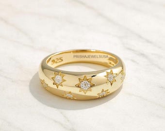 Starburst Dome Band, Gold Statement Ring, Celestial Diamond Ring, Dainty Stacking Band, 14K Gold Ring, Elegant Anniversary Gift for Her