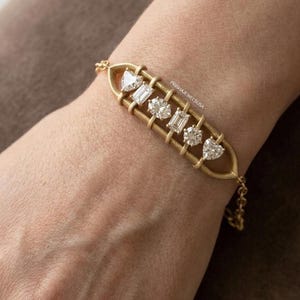 Bracelet diamants mobiles, coeur, diamants moissanite ronds, émeraude et ovale, chaîne trombone avec bracelet en diamants