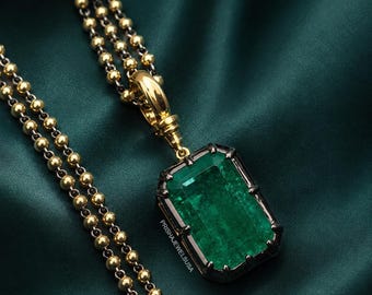 Smaragdanhänger, Anhänger mit grünem Edelstein, rechteckiger Anhänger, Herrenanhänger, Statement-Anhänger, Goldanhänger, Edelsteinschmuck