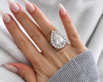 Pear Moissanite Engagement Ring, Pear Cut Halo Ring, Oval Halo Bridal Ring, Sterling Silver Gold Plating Wedding Ring, Gift for Her