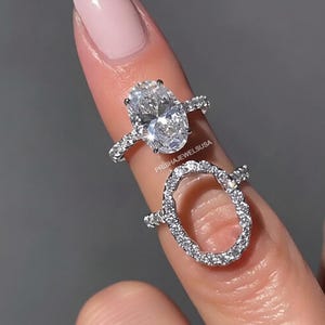 Unique Oval Cut Insert Wedding Ring Set, Hidden Halo Oval Moissanite Ring, Solid Gold Pave Diamond Bridal Ring Set, Engagement Ring Gift Her