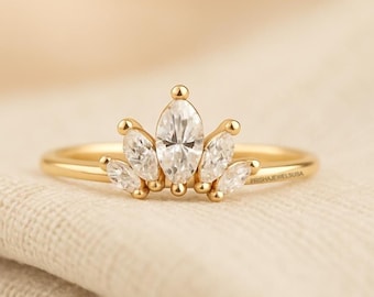 Marquise Moissaniet diamant gebogen vergulde band, elegante vintage trouwring, delicate bijpassende stapelen bruidsverjaardag band