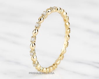 Vintage Moissanite Diamond Wedding Band, Gold Plated Full Eternity Ring for Women, Dainty Stackable Diamond Band, Gold Matching Bridal Ring