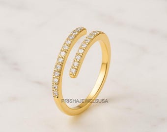 Adjustable wrap spiral ring with dainty diamonds, 14K Gold open design, perfect stacking ring and a thoughtful mom's Birthday gift for her