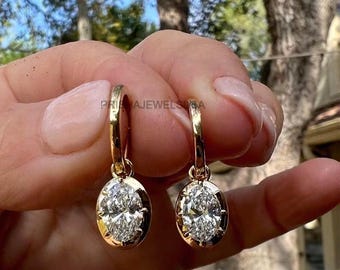 Oval Cut Moissanite Drop Earrings, 1.50 Ct Each Bezel Set Clip-On Earrings, 14K Yellow Gold Bridal Dangle Earrings, Luxury Wedding Jewellery