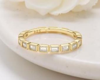 Emerald Diamond Eternity Band Gold Plated, Dainty Women’s Ring, Minimalist Stackable Ring, Beautiful Wedding Band, Timeless Gift for Mom