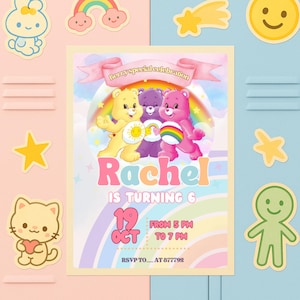 Invitación de cumpleaños de los Ositos Cariñositos: Fiesta arcoíris, plantilla editable de Canva (descarga digital)