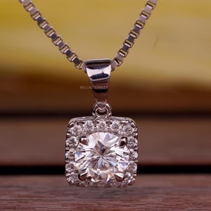 Trendy 1CT Round Cut Lab Grown Diamond Halo Wedding Necklace, Delicate Square Halo Pendant With Cable Chain, Birthday Anniversary Gift