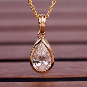 3CT Pear Cut Lab Grown Diamond Necklace, 18K Yellow Gold Pear cut Bezel Set Solitaire necklace, Minimalist Solid Gold Gift for Her