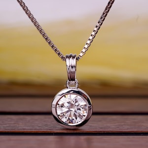 Bezel Basket Set Round Cut Solitaire Pendant, Delicate Round Cut Lab Grown Wedding Pendant With Chain, Engagement Gift Pendant