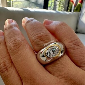 Two Tone Gold Plated  Ring 2.50 CT Oval Cut Moissanite Wedding Ring Horizontal Bezel Set Diamond Ring Classic Men Dome Shank Wide Band Ring