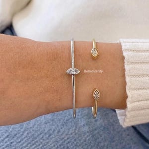Stylish Marquise Moissanite Open Cuff Bangle, Gold Plated Bezel Set, East to West Design, Daily Wear Jewelry for Her