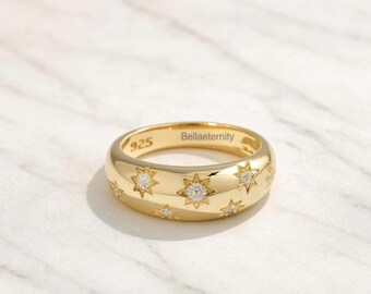 Gold Plated starburst dome band with sparkling stone a bold celestial statement ring that layers beautifully makes an elegant gift for her