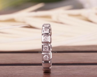 14K White Gold Eternity Band, Lab Grown Diamond Ring, Geometric Stacking Ring, Prong Set Wedding Band, Sustainable Fine Jewellery Gift