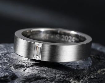 Baguette Cut Labrador gewachsen Diamant Herrenring, 14K Gold Hochzeitsband, Lünette Tension Set Ring, minimalistischer moderner Ring für Ihn