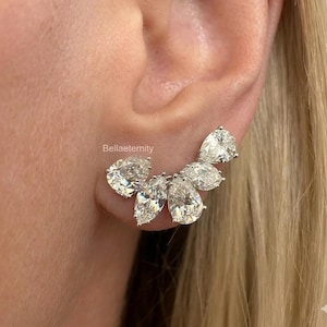 Diamond Climber oorbellen, 4 TCW Pear & Marquise Cut Moissanite bruidsoorbellen, vijf stenen antieke oorbellen, vergulde schroefoorbellen