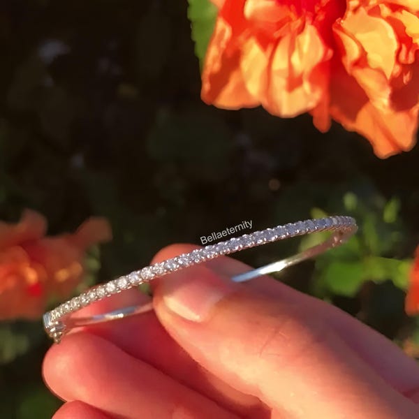 3 MM Round Cut Lab Grown Diamond Bangle Bracelet, Dainty Diamond Bangle Bracelet Half Eternity Bangle Bracelet, Women's Jewelry Gold Plated