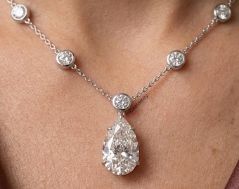 Pear Cut Moissanite Necklace 16x12MM, Teardrop with Floating Bezel Round Accent, 925 Sterling Silver, Elegant Engagement Gift for Women