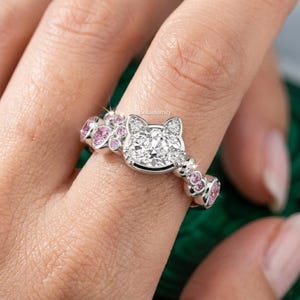 Cat Shaped Wedding Ring, 7X5 mm Oval Cut Moissanite Engagement Ring, Side Bow Knot And Side Cat Paw Pink Diamond Cute Cat Lover Special Ring